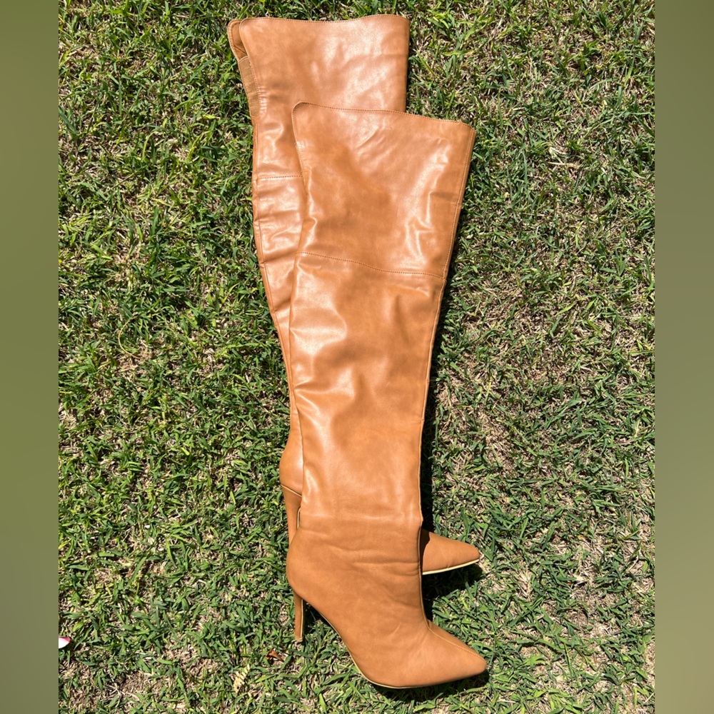 Cognac thigh high pointed toe stiletto boots